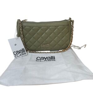 Cavalli Class Quilted Chain Shoulder Bag Olive Green Leather Dust Bag NWT